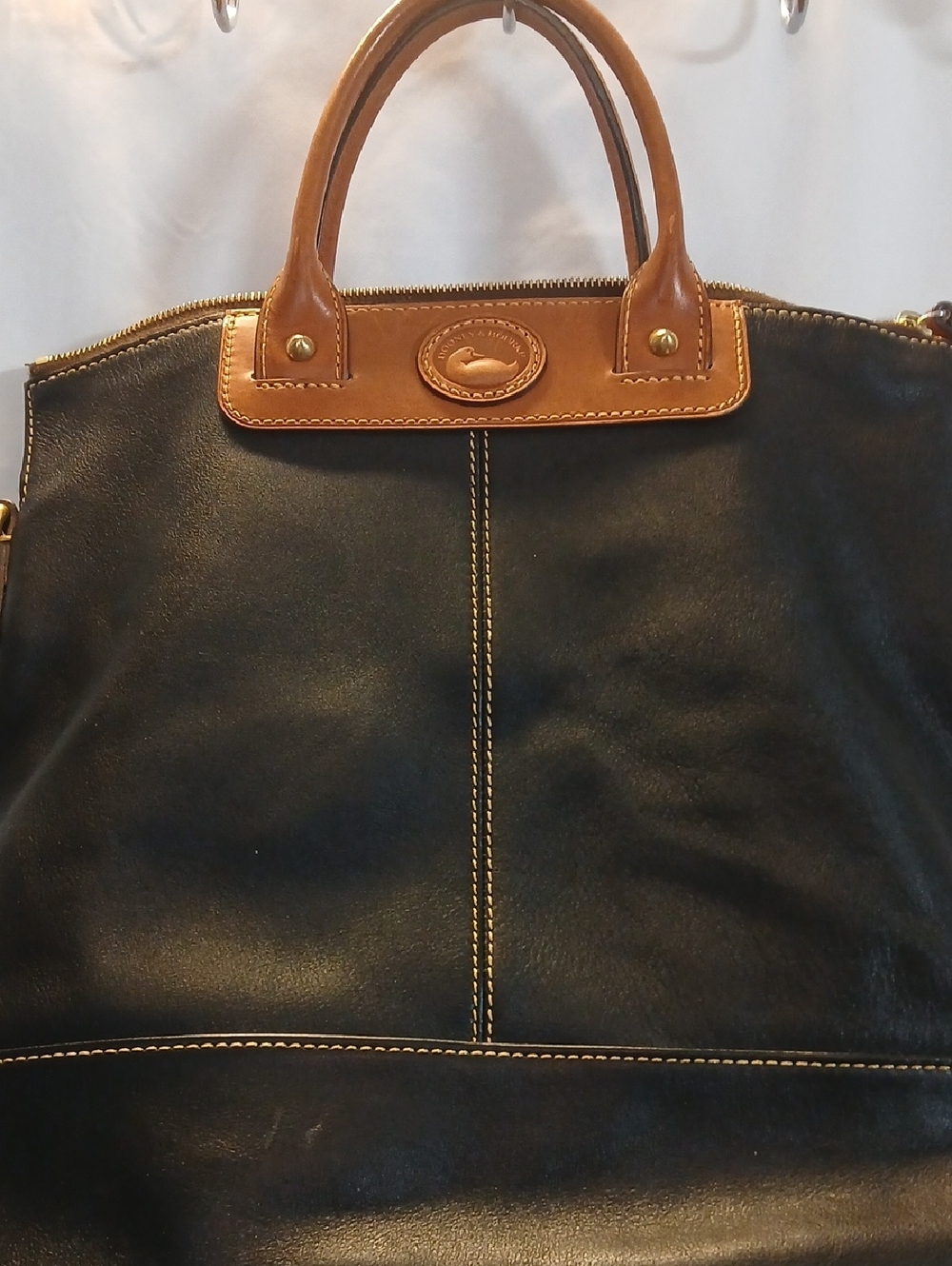 Dooney & Bourke Black Leather Tote with Tan Trim
